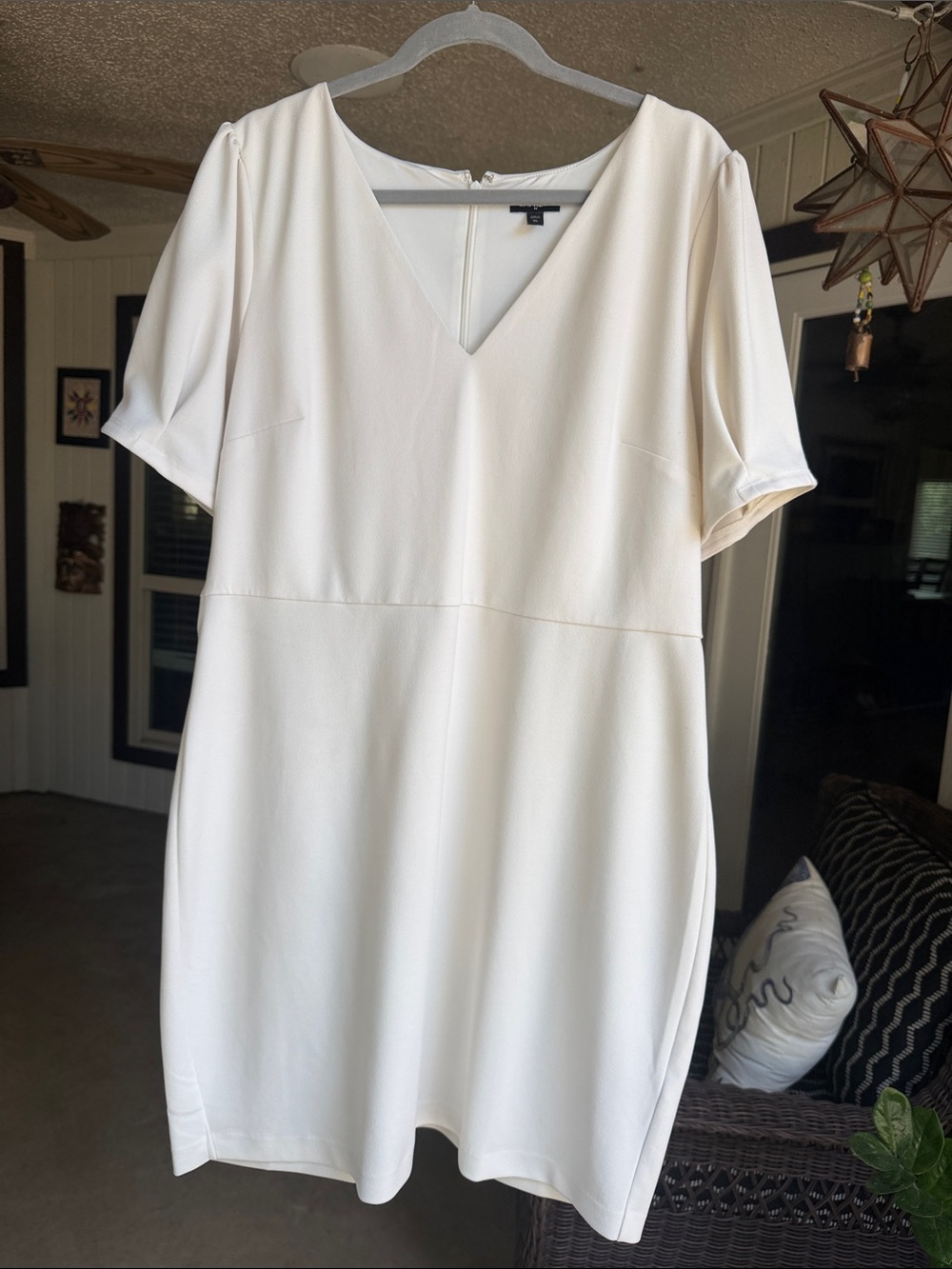 Express Cream V-Neck Short Sleeve structured Dress with slightly puffed sleeves